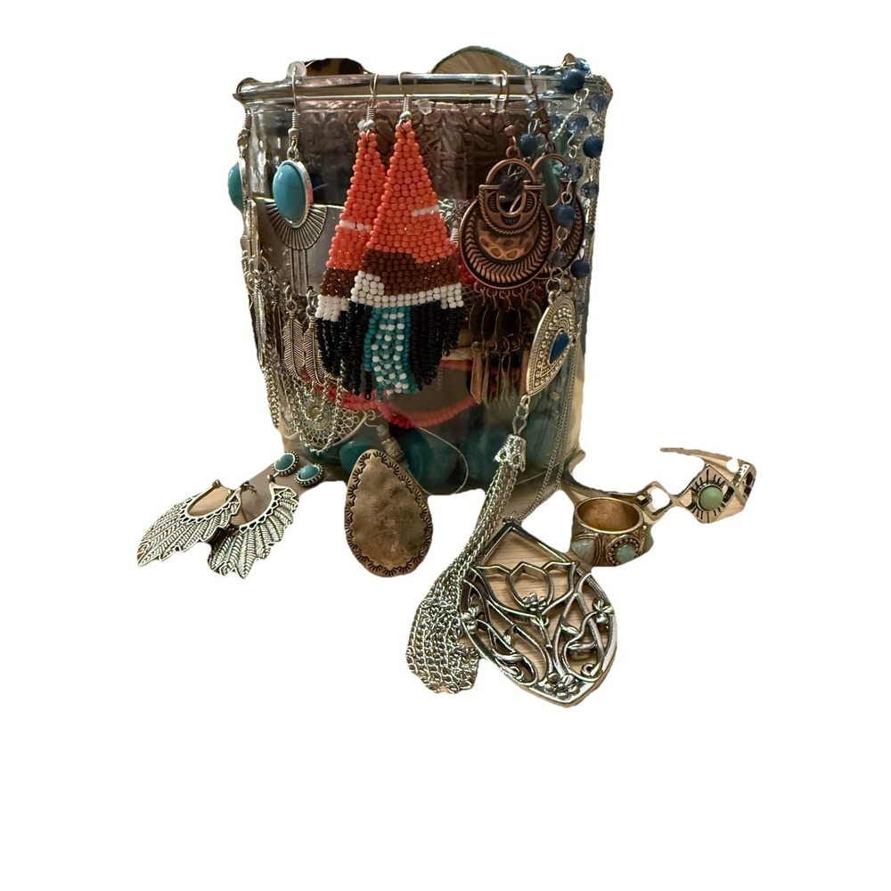 Western Inspired Mystery Jewelry Jar Turquoise & Silver Colored All Wearable